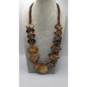 Vintage Wooden Fish Necklace Carved Wood Beaded Boho Coastal